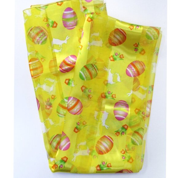 Womens Long Silk Feel Scarf Yellow Easter Bunny Egg Tulips Happy Easter NEW - Picture 2 of 3